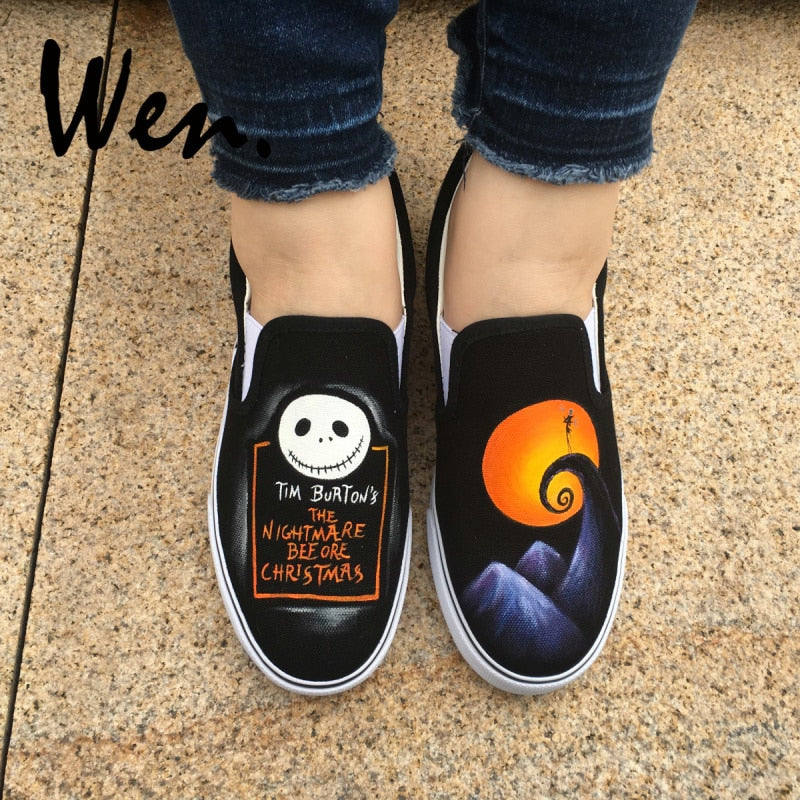 Hand Painted Shoes Design Custom Nightmare Before Christmas Black Canvas Sneakers for Men Women's Christmas Gifts